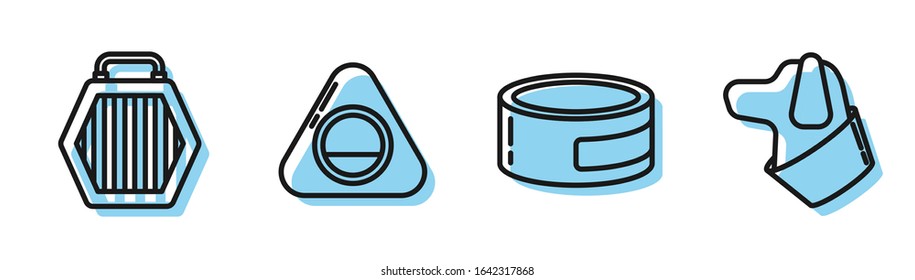 Set line Canned food, Pet carry case, Pet bed and Dog icon. Vector