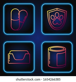 Set line Canned food, Pet bed, Dog and pills and Animal health insurance. Gradient color icons. Vector