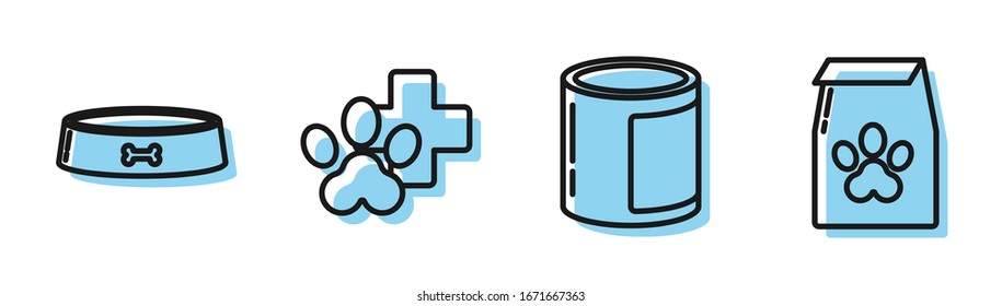 Set line Canned food, Pet food bowl, Veterinary clinic symbol and Bag of food for pet icon. Vector