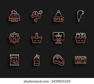 Set line Canned food, Sauce bottle, Wooden box for fruits, Steak meat, Barcode, Shopping basket, and and cart on computer icon. Vector