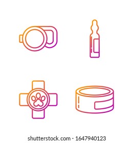 Set line Canned food, Veterinary clinic symbol, Retractable cord leash and Pets vial medical. Gradient color icons. Vector