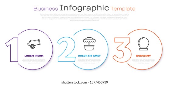 Set line Cannon, Attraction carousel and Magic ball. Business infographic template. Vector