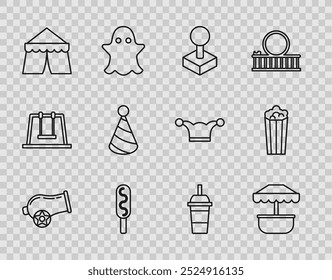 Set line Cannon, Attraction carousel, Joystick for arcade machine, Corn dog, Circus tent, Party hat, Paper glass with drinking straw and water and Popcorn cardboard box icon. Vector