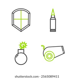 Set line Cannon, Bomb ready to explode, Bullet and Shield icon. Vector
