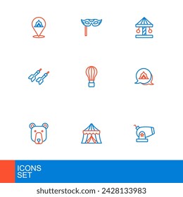 Set line Cannon, Circus tent, Bear head, Dart arrow, Hot air balloon, Attraction carousel and Festive mask icon. Vector
