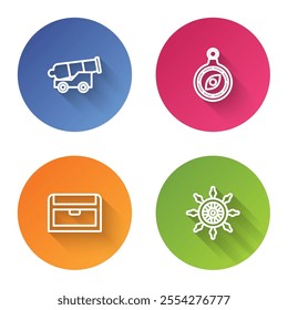 Set line Cannon, Compass, Antique treasure chest and Ship steering wheel. Color circle button. Vector