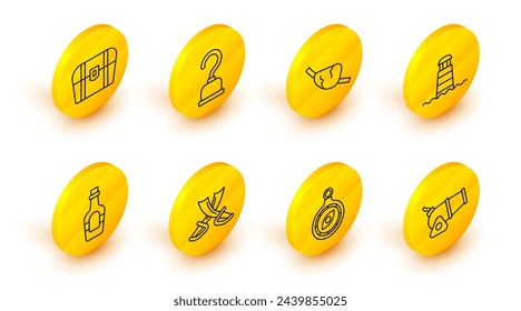 Set line Cannon, Compass, Crossed pirate swords, Alcohol drink Rum, Lighthouse, Pirate eye patch, hook and Antique treasure chest icon. Vector