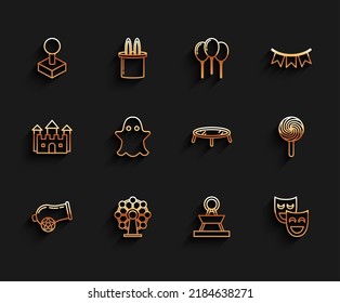 Set line Cannon, Ferris wheel, Joystick for arcade machine, Attraction carousel, Comedy theatrical masks, Ghost, Lollipop and Jumping trampoline icon. Vector