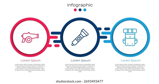 Set line Cañón, linterna y mochila de senderismo. Plantilla de infografía de negocios. Vector