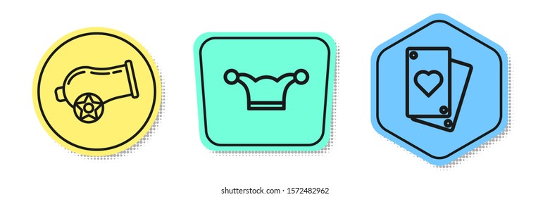 Set line Cannon, Jester hat with bells and Playing card. Colored shapes. Vector
