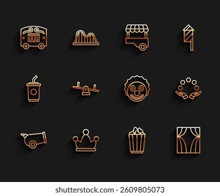 Set line Cannon, Jester hat with bells, Circus wagon, Popcorn in box, curtain raises, Seesaw, Juggling ball and Clown head icon. Vector