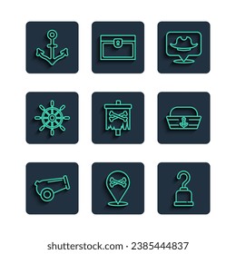 Set line Cannon, Location pirate, Pirate hook, flag, Ship steering wheel, Anchor and Sailor hat icon. Vector