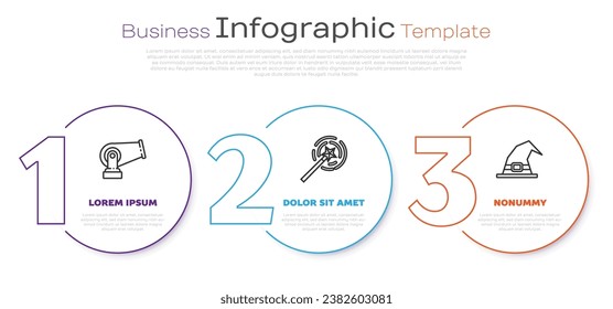Set line Cannon, Magic wand and Witch hat. Business infographic template. Vector