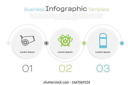 Fijar la línea Cañón, escudo medieval con hachas y cartuchos cruzados. Plantilla de infografía empresarial. Vector