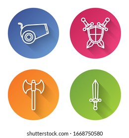 Set line Cannon, Medieval shield with crossed swords, Medieval axe and Medieval sword. Color circle button. Vector