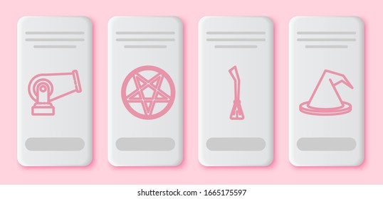 Set Linie Cannon, Pentagram in einem Kreis, Hexen Besen und Hexenhut. Weiße Rechtecktaste. Vektorillustration