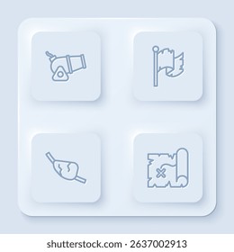 Set line Cannon, Pirate flag, eye patch and treasure map. White square button. Vector