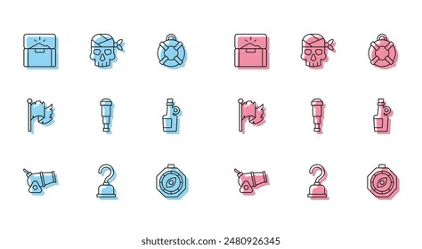 Set line Cannon, Pirate hook, Antique treasure chest, Compass, Spyglass telescope lens, Alcohol drink Rum, flag and captain icon. Vector