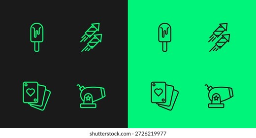Establecer línea de cañón, jugando a las cartas, helado y el icono de cohete de fuegos artificiales. Vector