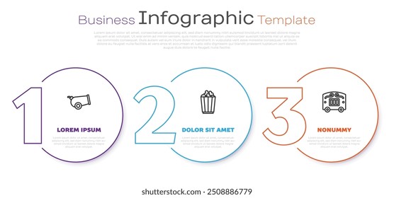 Set line Cañón, Palomitas de maíz en caja y Circo vagón. Plantilla de infografía de negocios. Vector