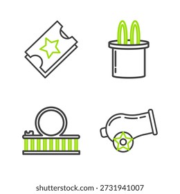 Set Linie Kanone, Achterbahn, Zauberhut und Kaninchenohren und Ticketsymbol. Vektorgrafik