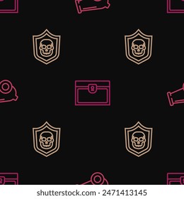 Set line Cannon, Shield with pirate skull and Antique treasure chest on seamless pattern. Vector