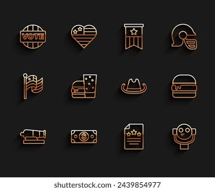 Set line Cannon, Stacks paper money cash, Vote, Declaration of independence, Tourist binoculars, Burger,  and Western cowboy hat icon. Vector