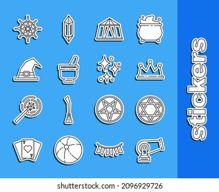 Set line Cannon, Star of David, Crown, Circus tent, Magic mortar and pestle, Witch hat, Spider web and Sparkle stars with magical glitter icon. Vector