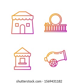 Set line Cannon, Ticket box office, Circus tent and Roller coaster. Gradient color icons. Vector