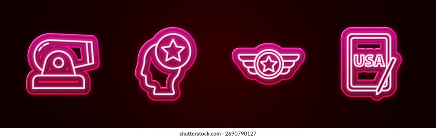 Set line Cannon, USA Head, Star American military and graphic tablet. Glowing neon icon. Vector