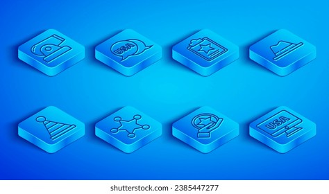Set line Cannon, USA label, Independence day, Hexagram sheriff, Man hat with ribbon, Party and monitor icon. Vector