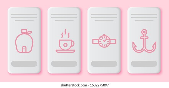 Set line Canteen water bottle, Coffee cup, Wrist watch and Anchor. White rectangle button. Vector