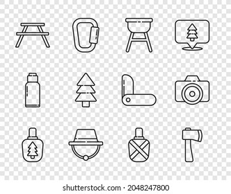 Set line Canteen water bottle, Wooden axe, Barbecue grill, Camping hat, Picnic table with benches, Tree,  and Photo camera icon. Vector