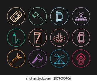 Set line Canteen water bottle, Thermos container, Open matchbox and matches, Rafting boat, Head flashlight and Wooden axe icon. Vector
