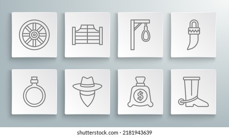 Set line Canteen water bottle, Saloon door, Cowboy, Money bag, boot, Gallows, Tooth and Old wooden wheel icon. Vector