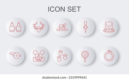 Set line Canteen water bottle, Whistle, Hunter hat with feather, Paw search, Binoculars, Deer antlers on shield, Tourist tent and print icon. Vector