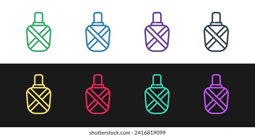 Set line Canteen water bottle icon isolated on black and white background. Tourist flask icon. Jar of water use in the campaign.  Vector Illustration