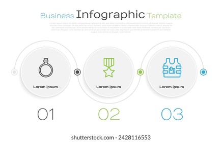 Set line Canteen water bottle, Military reward medal and Bulletproof vest. Business infographic template. Vector