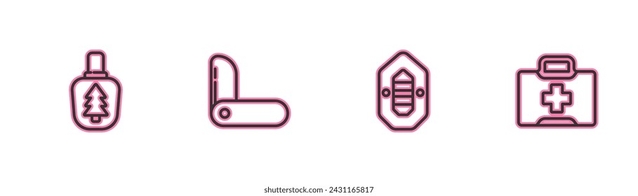 Set line Canteen water bottle, Rafting boat, Swiss army knife and First aid kit icon. Vector