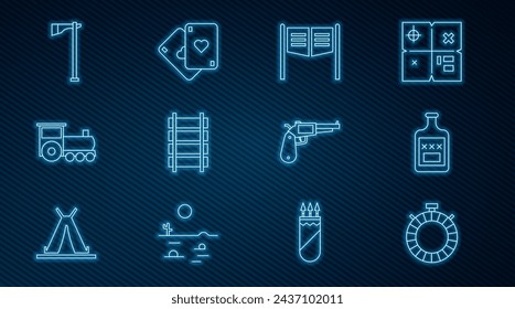Set line Canteen water bottle, Whiskey, Saloon door, Railway, railroad track, Retro train, Tomahawk axe, Revolver gun and Playing cards icon. Vector