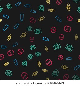 Set line Canteen water bottle, Photo camera, Smart watch showing heart beat rate and Camping pot on seamless pattern. Vector