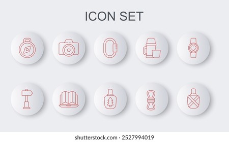 Set line Canteen water bottle, Road traffic signpost, Carabiner, Climber rope, Compass, Photo camera, Location of the forest laptop and  icon. Vector