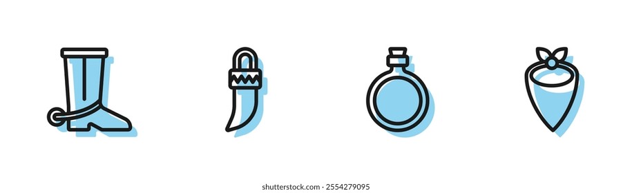 Set line Canteen water bottle, Cowboy boot, Tooth and bandana icon. Vector