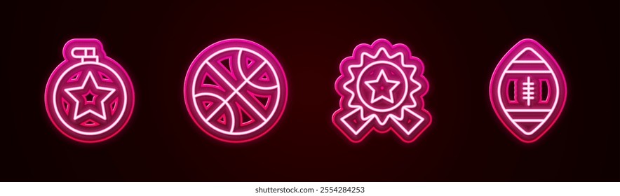 Set line Canteen water bottle, Basketball ball, Medal with star and American Football. Glowing neon icon. Vector