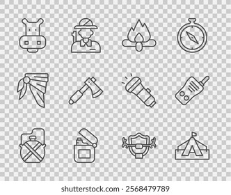 Set line Canteen water bottle, Tourist tent, Campfire, Lighter, Hippo or Hippopotamus, Wooden axe, Deer antlers on shield and Walkie talkie icon. Vector