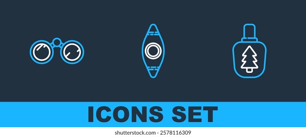 Set line Canteen water bottle, Binoculars and Kayak or canoe icon. Vector