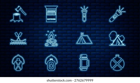 Set line Canteen water bottle, Tourist tent with flag, Flashlight, Campfire, Rafting boat, Wooden axe stump,  and Open matchbox and matches icon. Vector