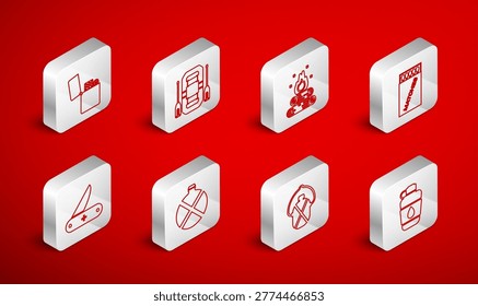 Set line Canteen water bottle, Rafting boat, Campfire, Open matchbox and matches, Lighter,  and Swiss army knife icon. Vector