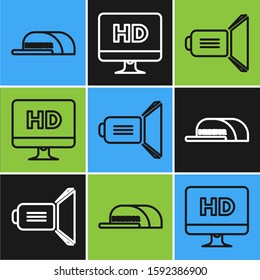 Set line Cap with inscription director , Movie spotlight  and Computer PC monitor with HD video technology  icon. Vector