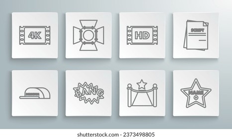 Set line Cap with inscription director, Bang boom text speech bubble balloon, Carpet barriers and star, Hollywood walk of fame celebrity boulevard, 4k movie, tape, frame, Scenario and  icon. Vector